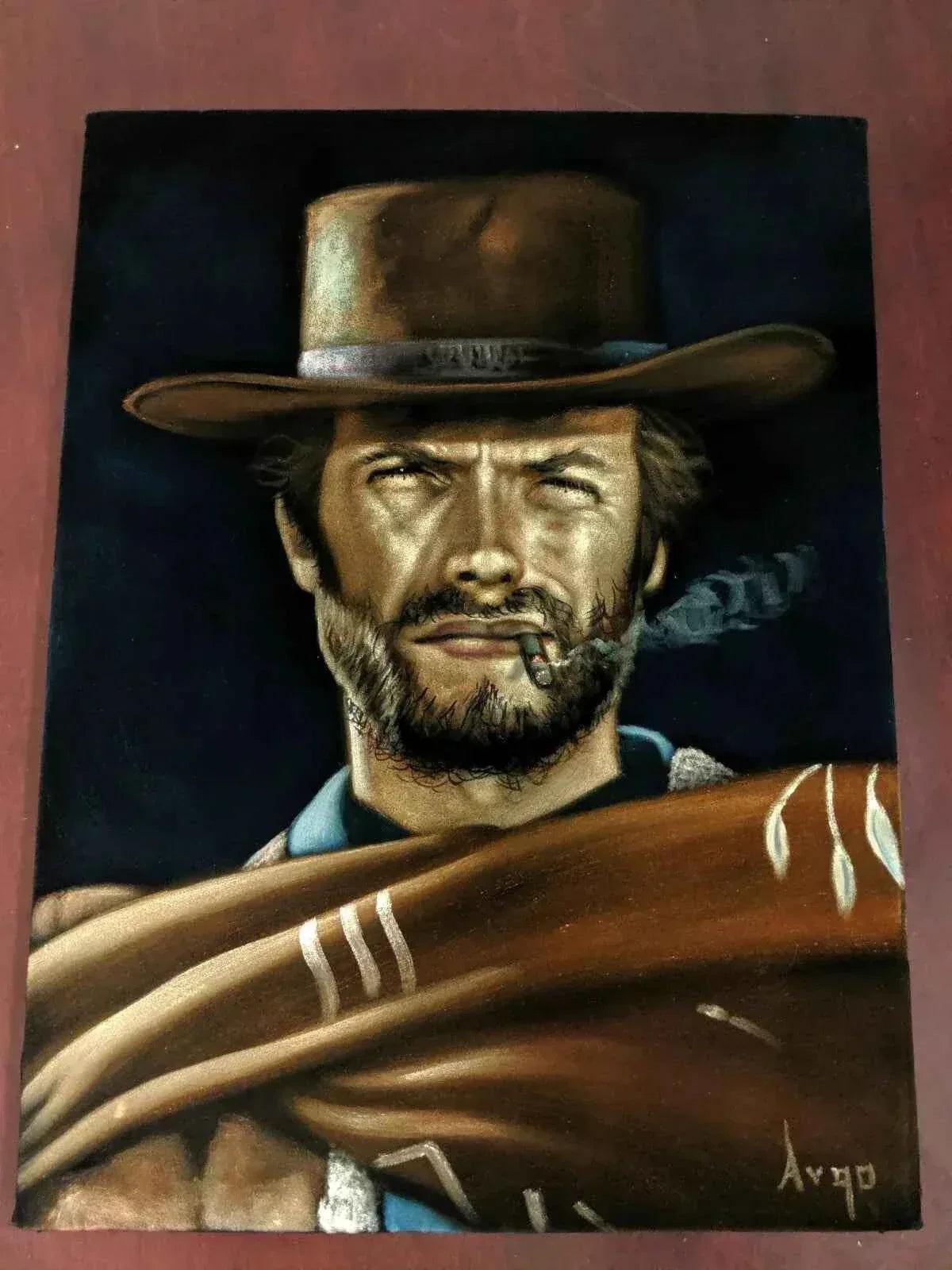 art-portrait-masculin-homme-acteur-cinéma-clint eastwood-peinture-originale-huile-toile - Kikooyou Art Gallery