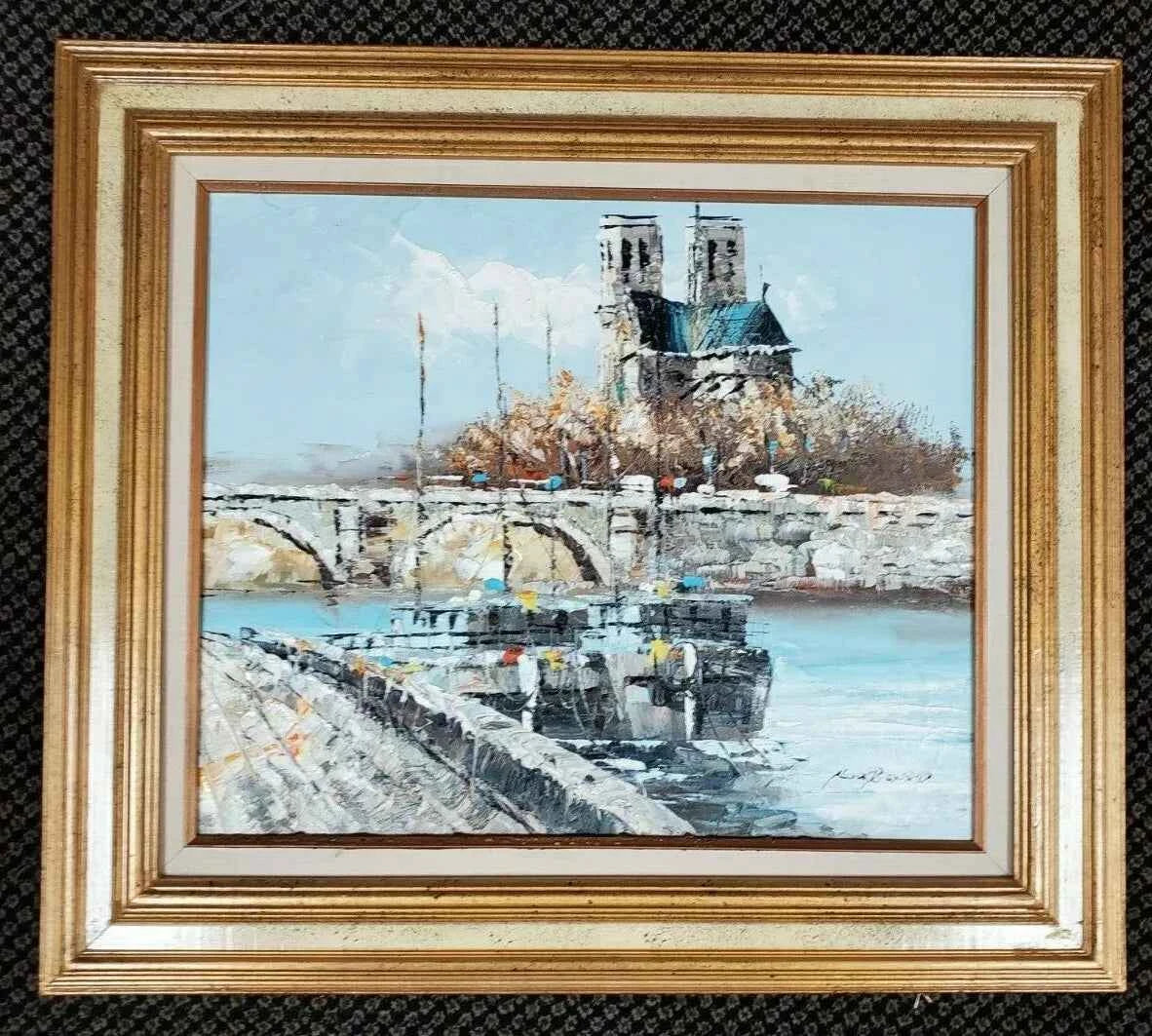 art-paysage-ville-Paris-bateaux-cathédrale-notre dame-quai-peinture-huile-toile