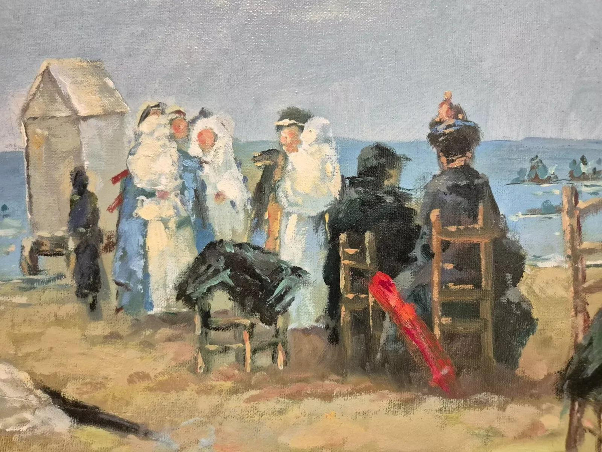 Tableau huile impressionnisme scène de plage signé K. Selow - Kikooyou Art Gallery