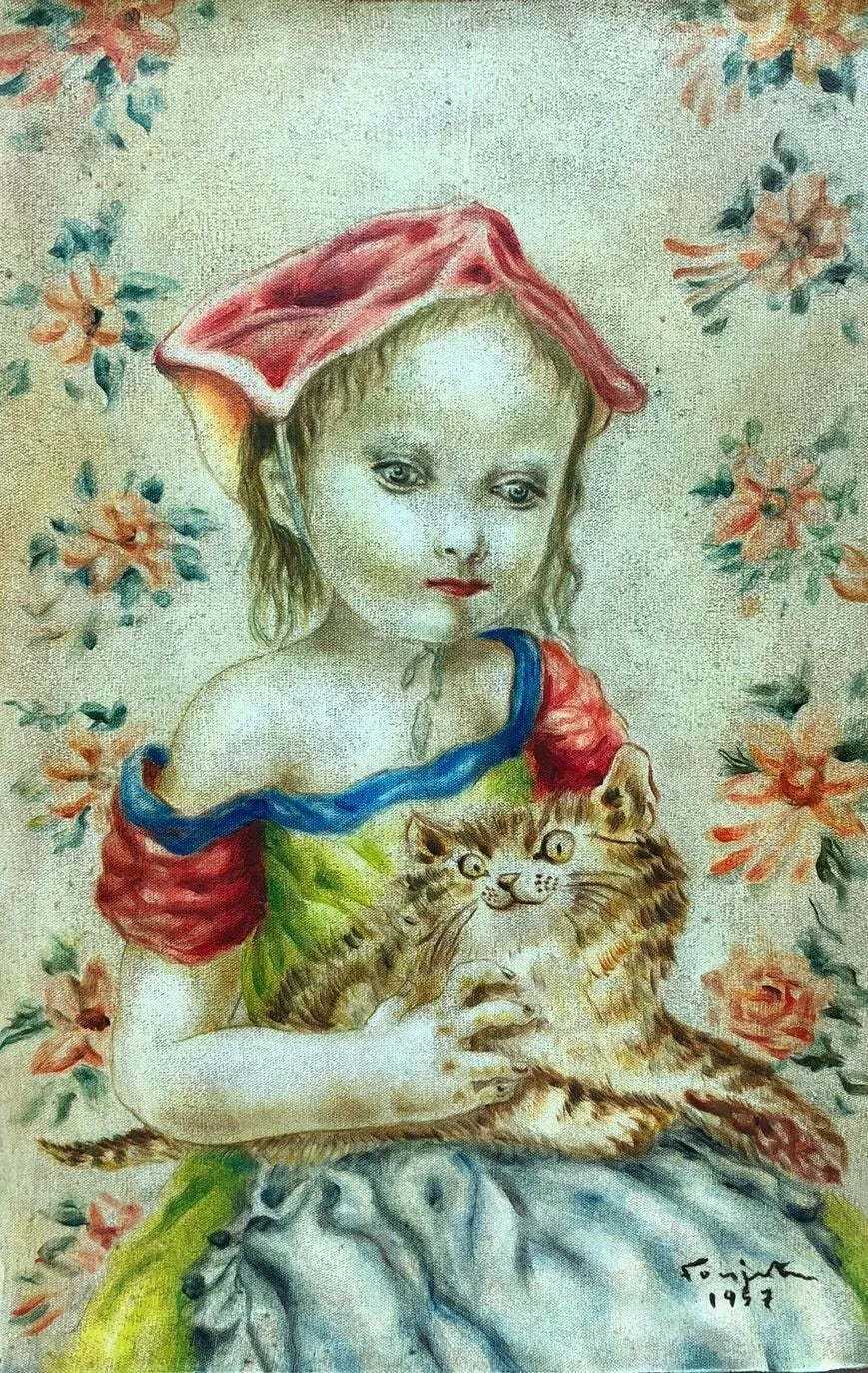 art-portrait-petite-fille-chaton-peinture-huile-toile-d'après Foujita