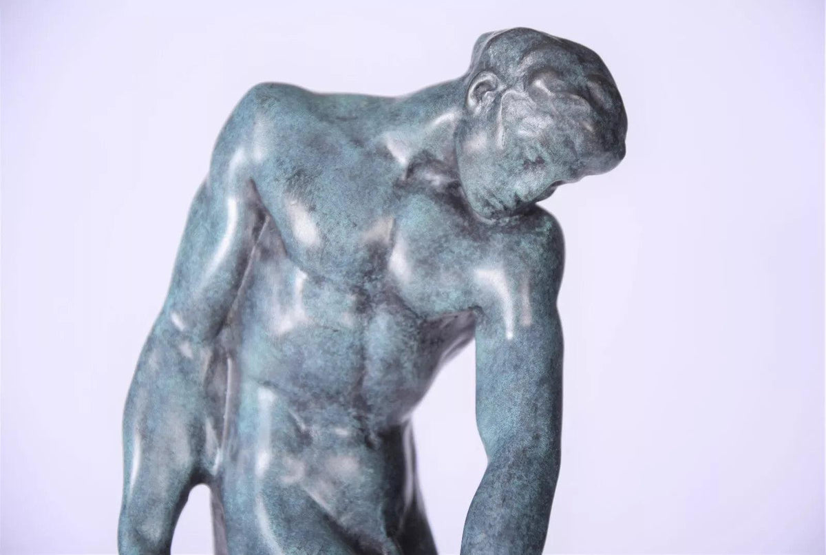 Statuette en bronze-patine-verte-socle-marbre-homme nu-Adam - Kikooyou Art Gallery