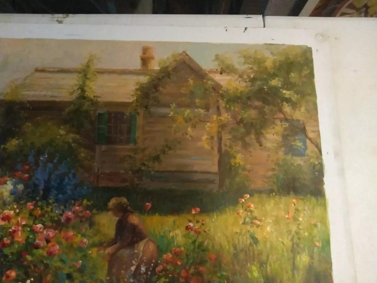 art-scène-vie-femme-jardin-fleurs-peinture-huile-toile - Kikooyou Art Gallery