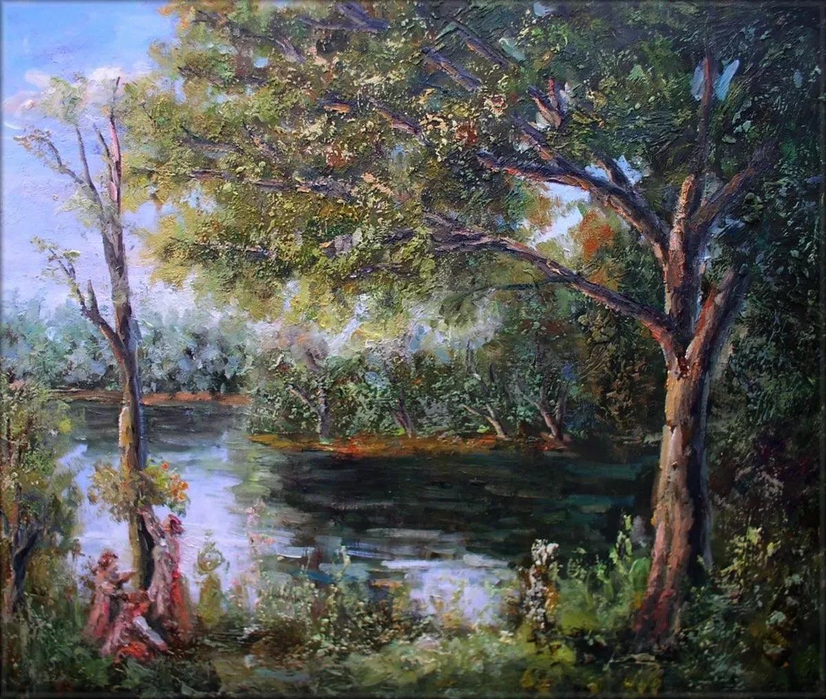 art-scène-vie-personnages-rivière-peinture-huile-toile - Kikooyou Art Gallery