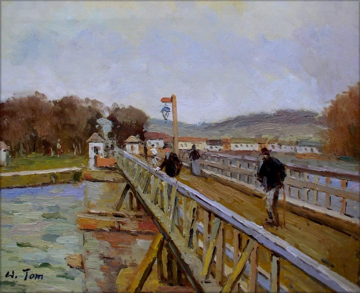 art-scene-vie-pont-paysage-argenteuil-peinture-huile-toile - Kikooyou Art Gallery
