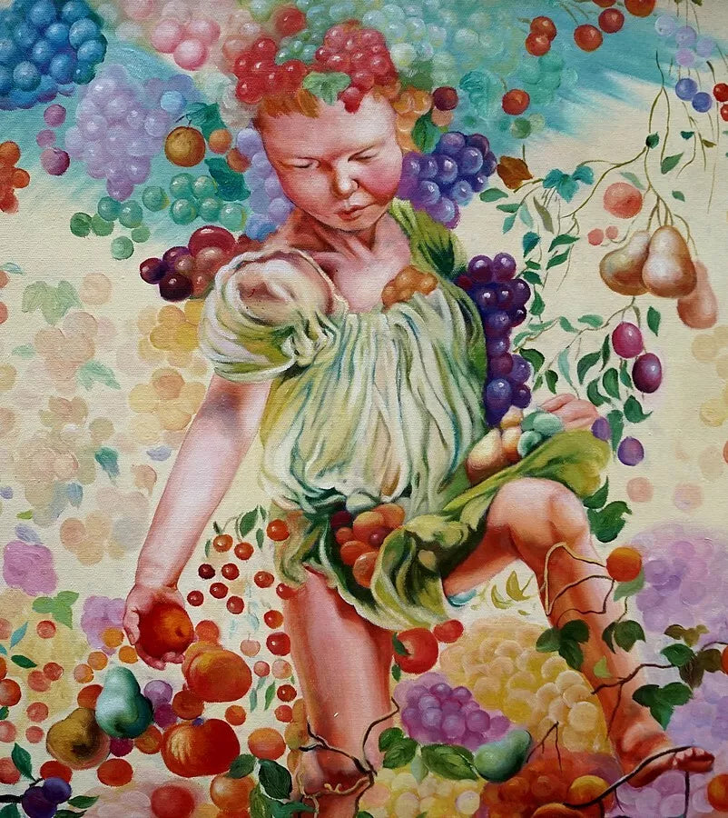 art-moderne-automne-fille-fruits-huile sur toile