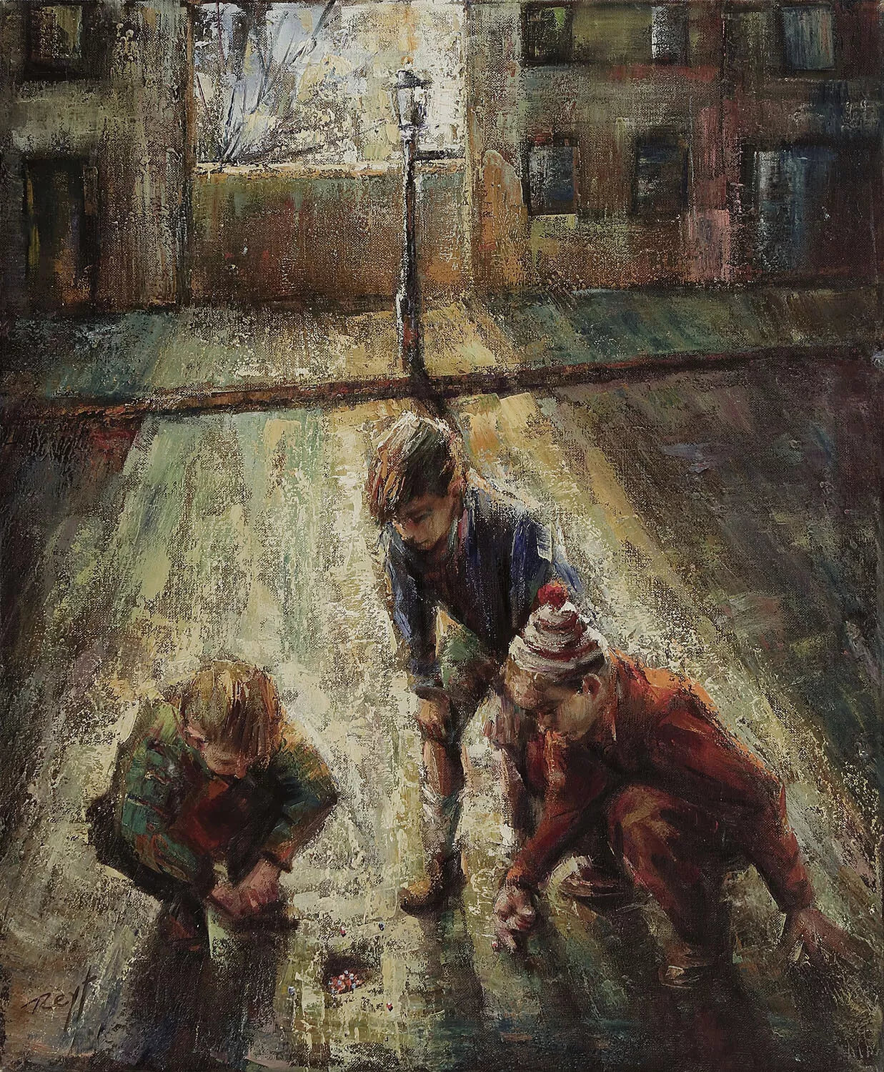 art-scène-vie-enfants-billes-peinture-huile-toile