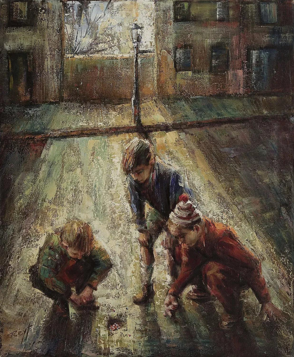 art-scène-vie-enfants-billes-peinture-huile-toile - Kikooyou Art Gallery