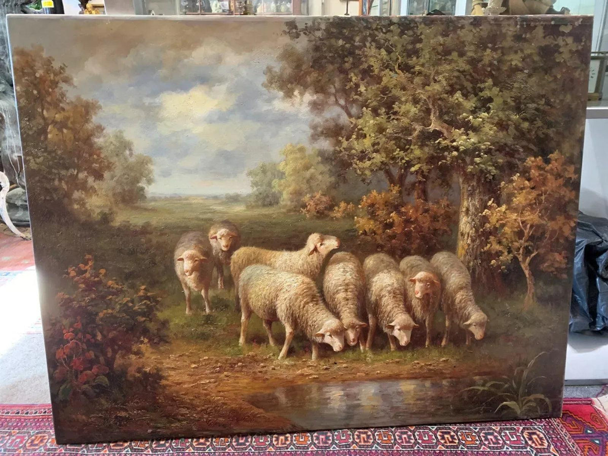 art-animal-paysage-troupeau-moutons-rivière-peinture-huile-toile - Kikooyou Art Gallery
