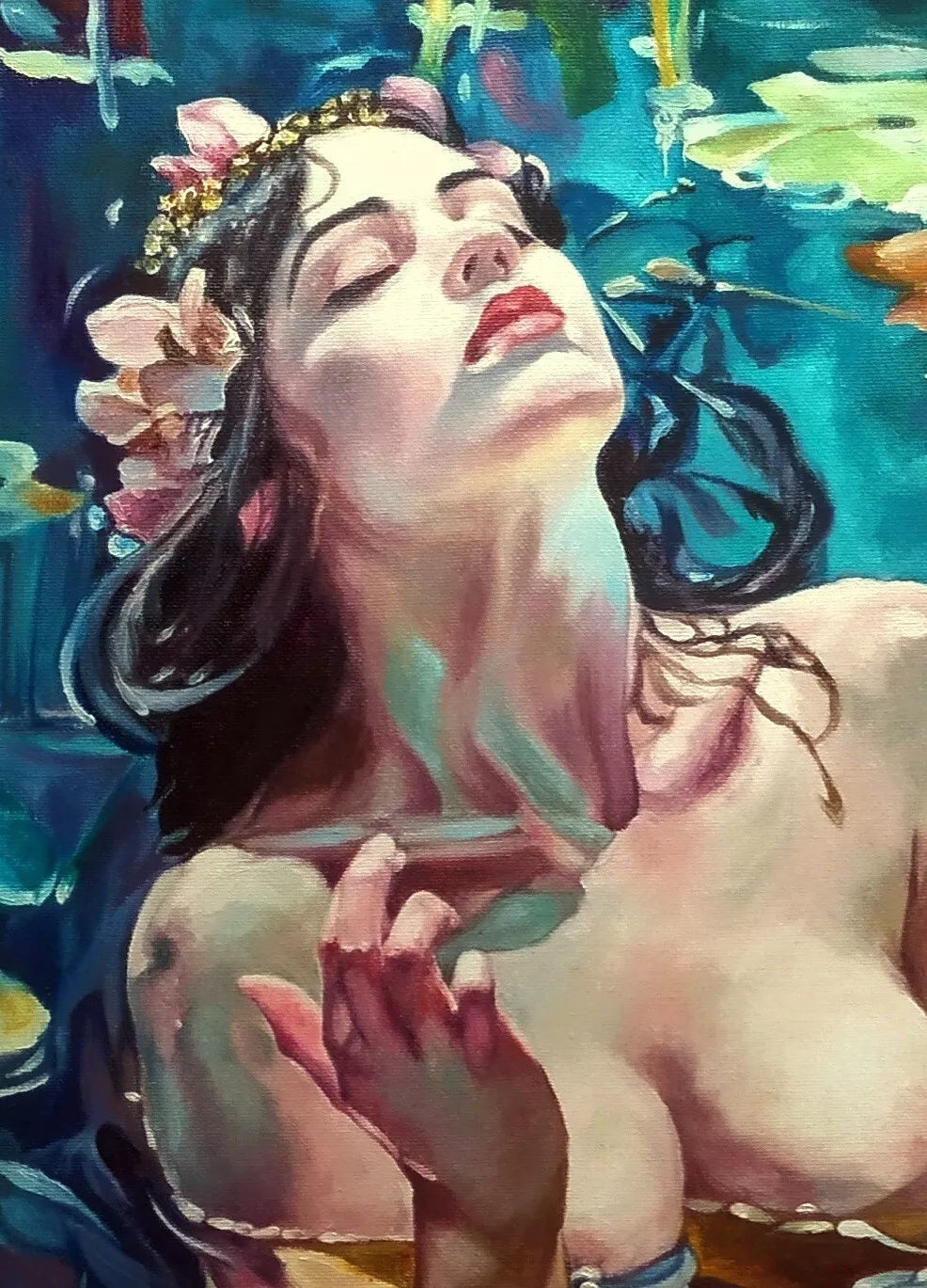 art-erotique-feminin-femme-nue-etang-peinture-huile-toile