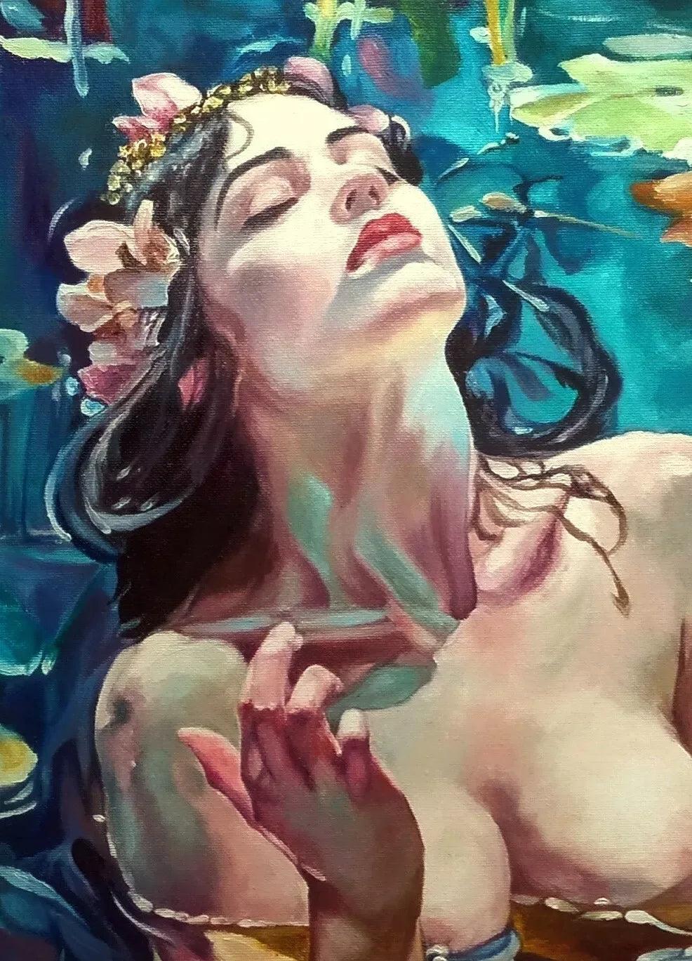 art-erotique-feminin-femme-nue-etang-peinture-huile-toile - Kikooyou Art Gallery