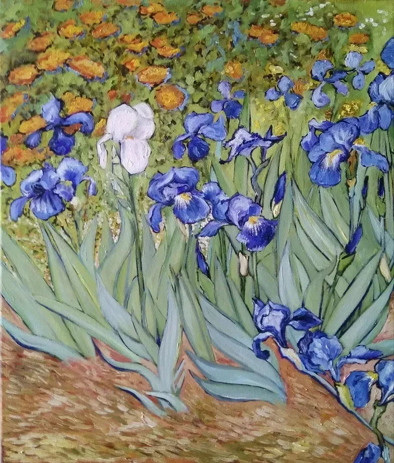 art-fleurs-jardin-iris-bleus-blancs-huile-toile - Kikooyou Art Gallery