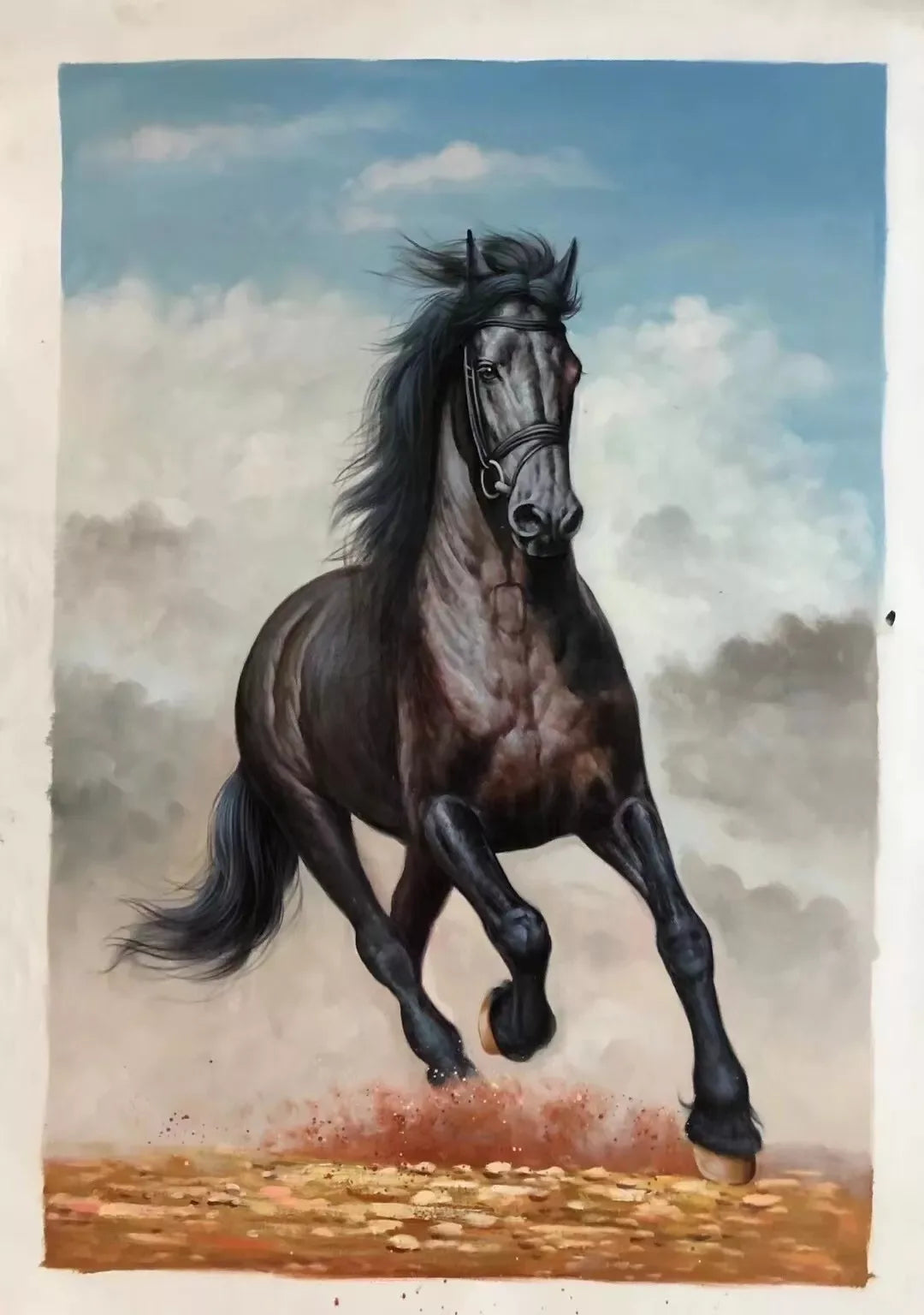 art-animal-course-cheval-noir-sauvage-peinture-huile-toile - Kikooyou Art Gallery