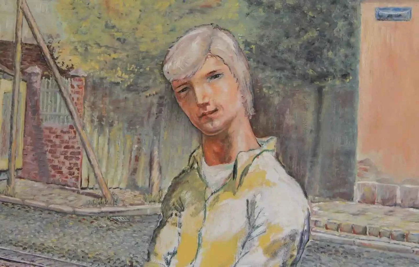 Peinture à l'huile vintage jeune homme portrait grandeur nature paysage urbain