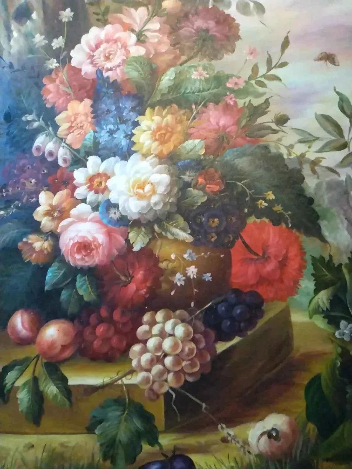 art-nature-morte-bouquet-fleurs-vase-fruits-peinture-huile-toile - Kikooyou Art Gallery