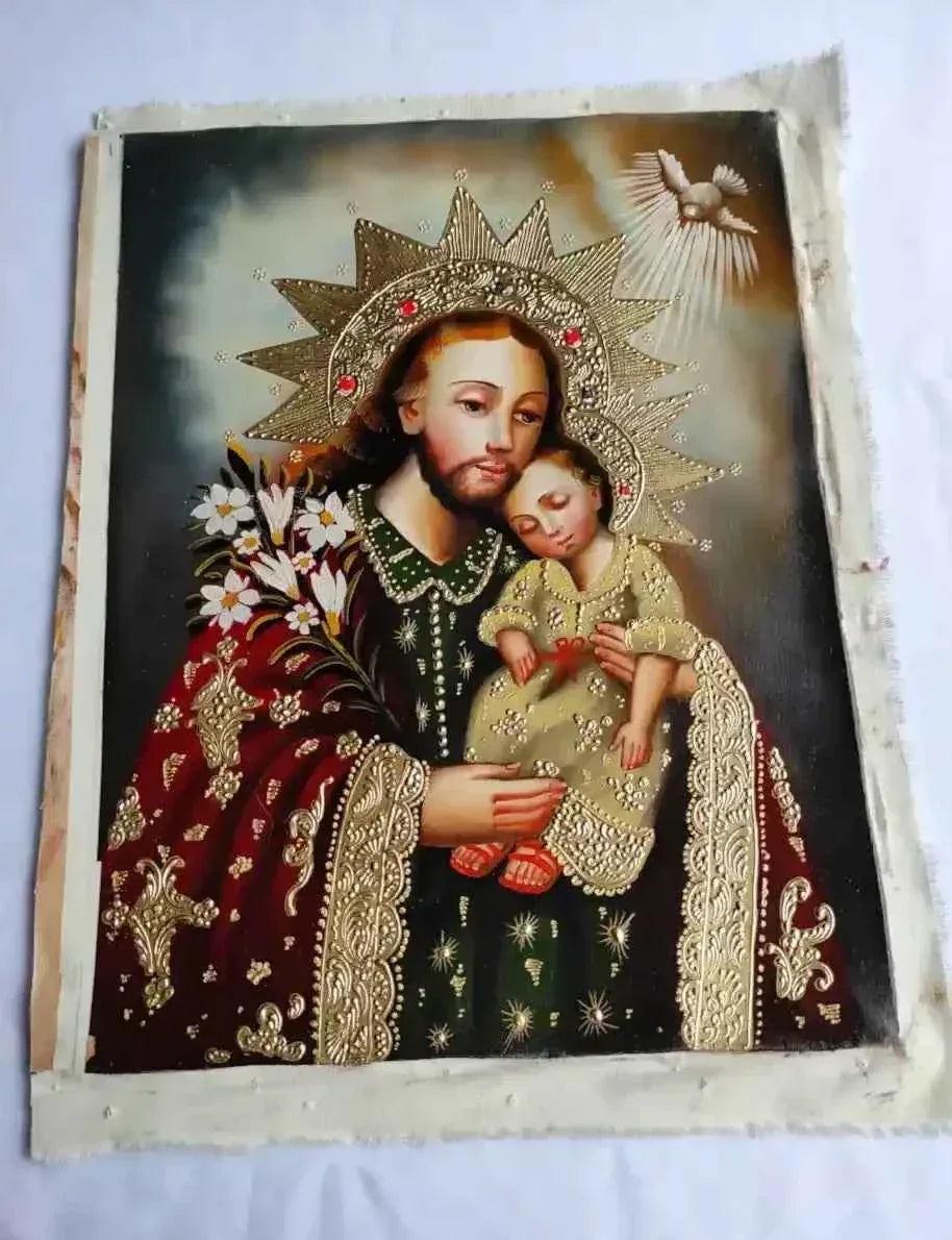 Saint Joseph et l'enfant, peinture à l'huile, peinte à la main, art catholique, peinture Cuzco - Kikooyou Art Gallery