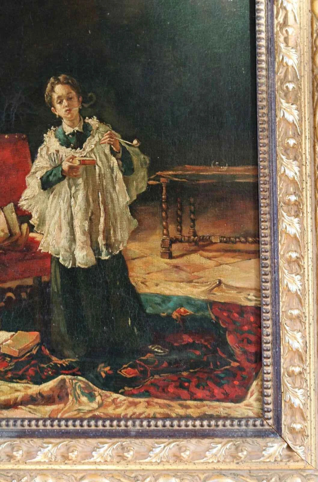 art-scene-vie-portrait-prelat-fume-pipe-peinture-huile-toile-cadre