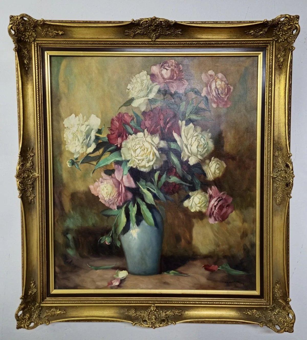 Peinture à l'huile Helmuth Volkwein (1920-2004) Nature morte aux fleurs pivoines - Kikooyou Art Gallery