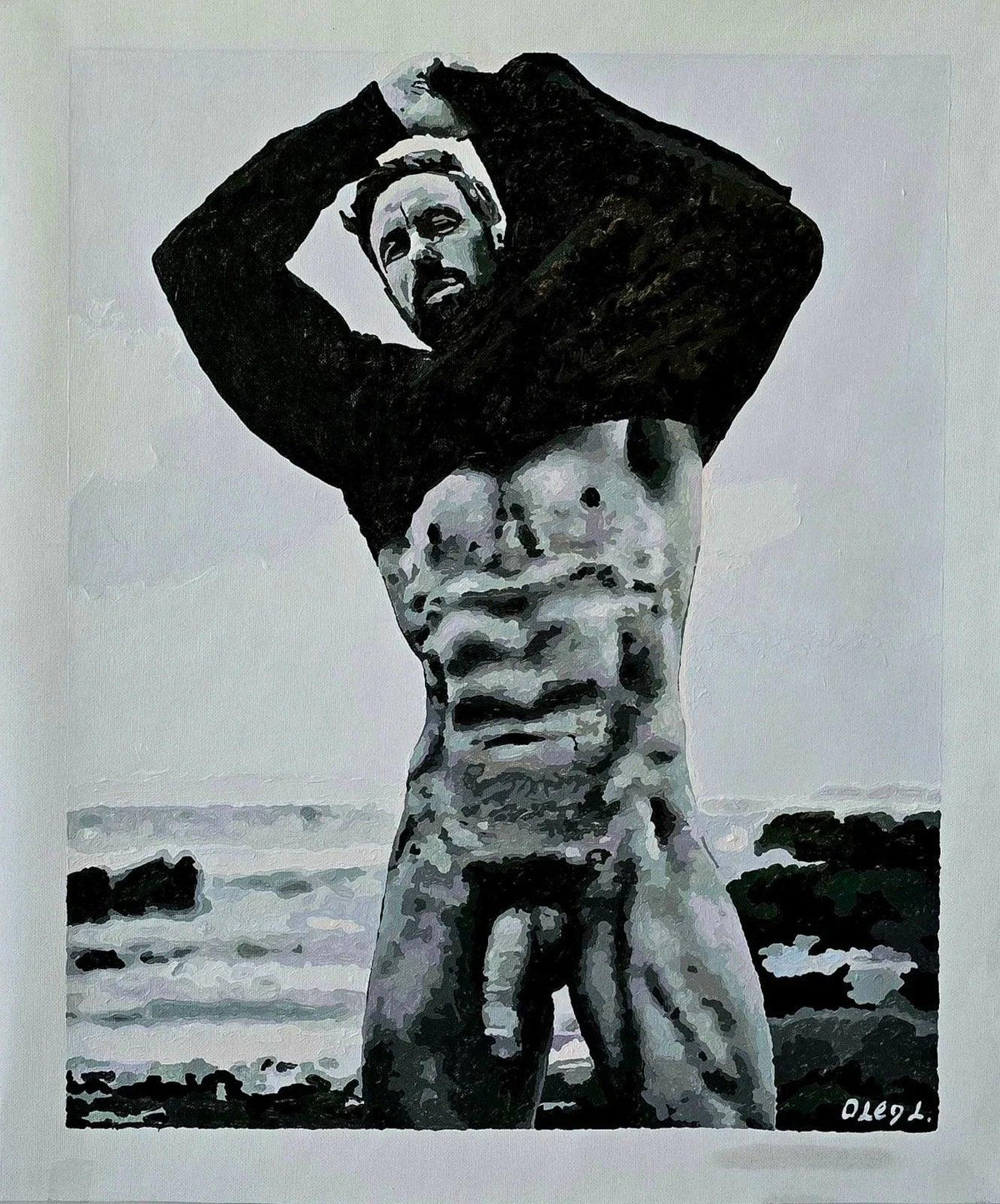 art-decoration-tableau-peinture-huile-toile-erotique-homme-nu-male-lgbt-RESILIENCE BY THE SEA - Kikooyou Art Gallery