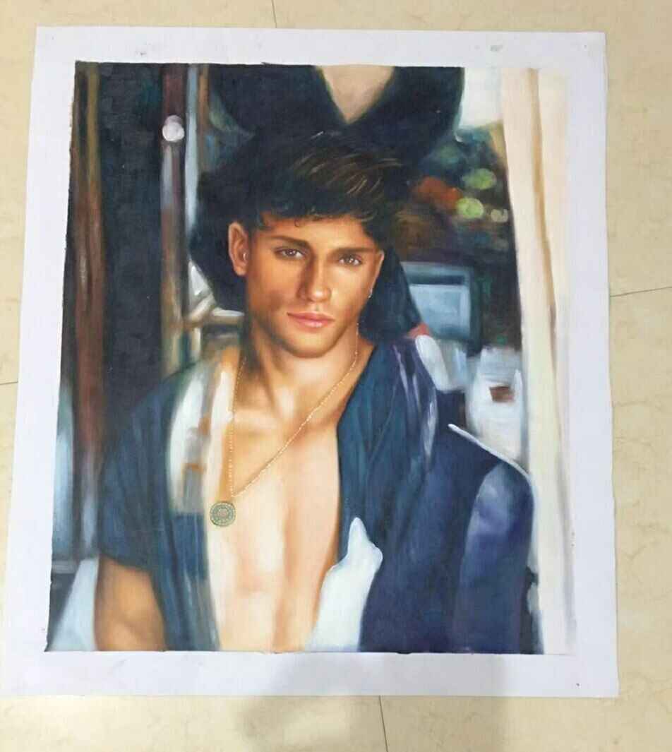 art-decoration-tableau-peinture-huile-toile-portrait-masculin-male-homme-torse-nu-pendentif