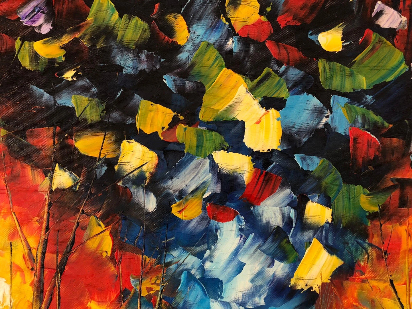 art-decoration-tableau-peinture-huile-toile-paysage-moderne-coloré-rue-nuit-pluie