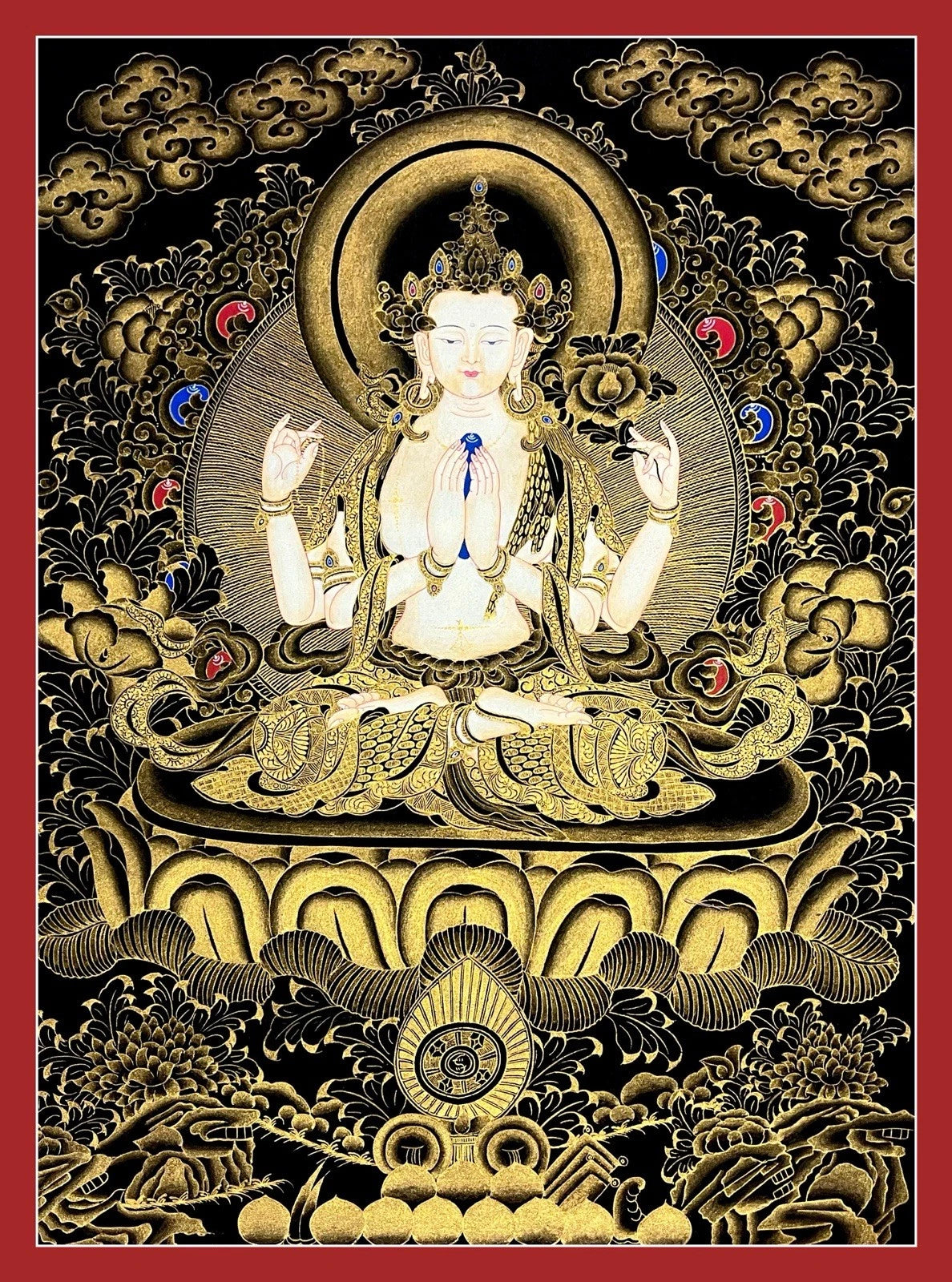 Rare tableau thangka tibétain peint à la main Avalokitshvera Om yoga Chenrezig