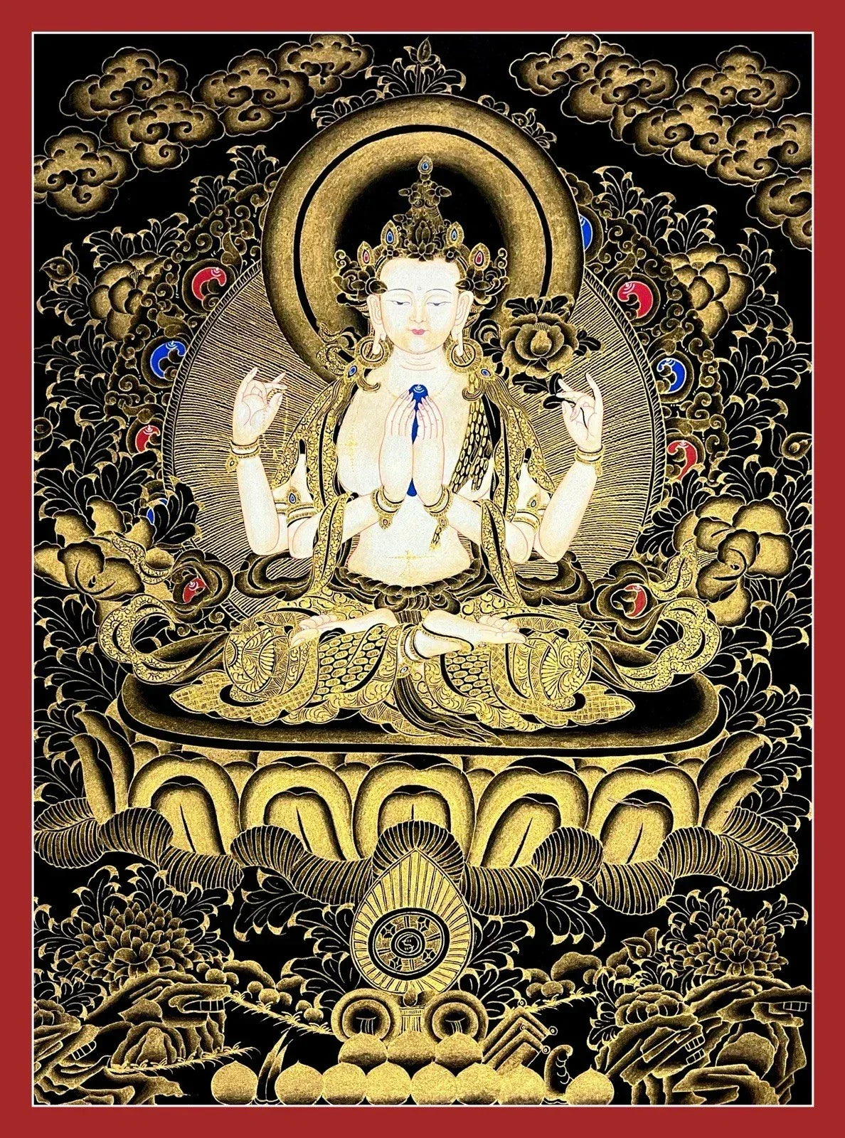 Rare tableau thangka tibétain peint à la main Avalokitshvera Om yoga Chenrezig - Kikooyou Art Gallery