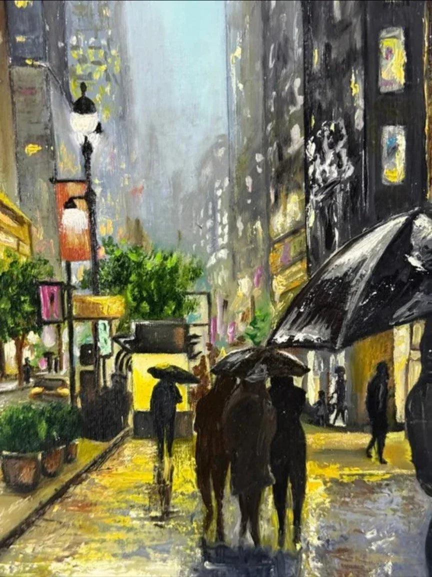 art-decoration-tableau-peinture-huile-toile-scene-vie-sous la pluie-new york - Kikooyou Art Gallery