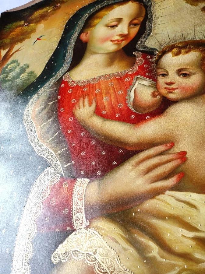 art-decoration-tableau-peinture-huile-toile-portrait-religieux-sainte-vierge-marie-sein-enfant-jesus-cuzco - Kikooyou Art Gallery