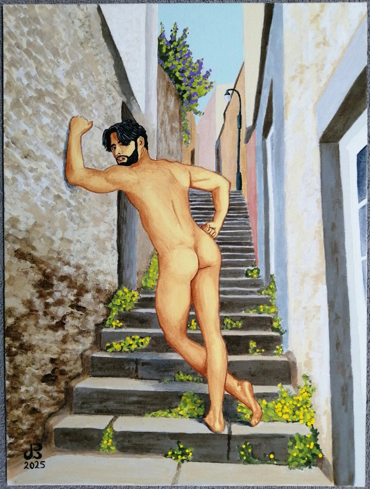 art-decoration-tableau-peinture-huile-panneau toile-erotique-homme-nu-gay-escalier
