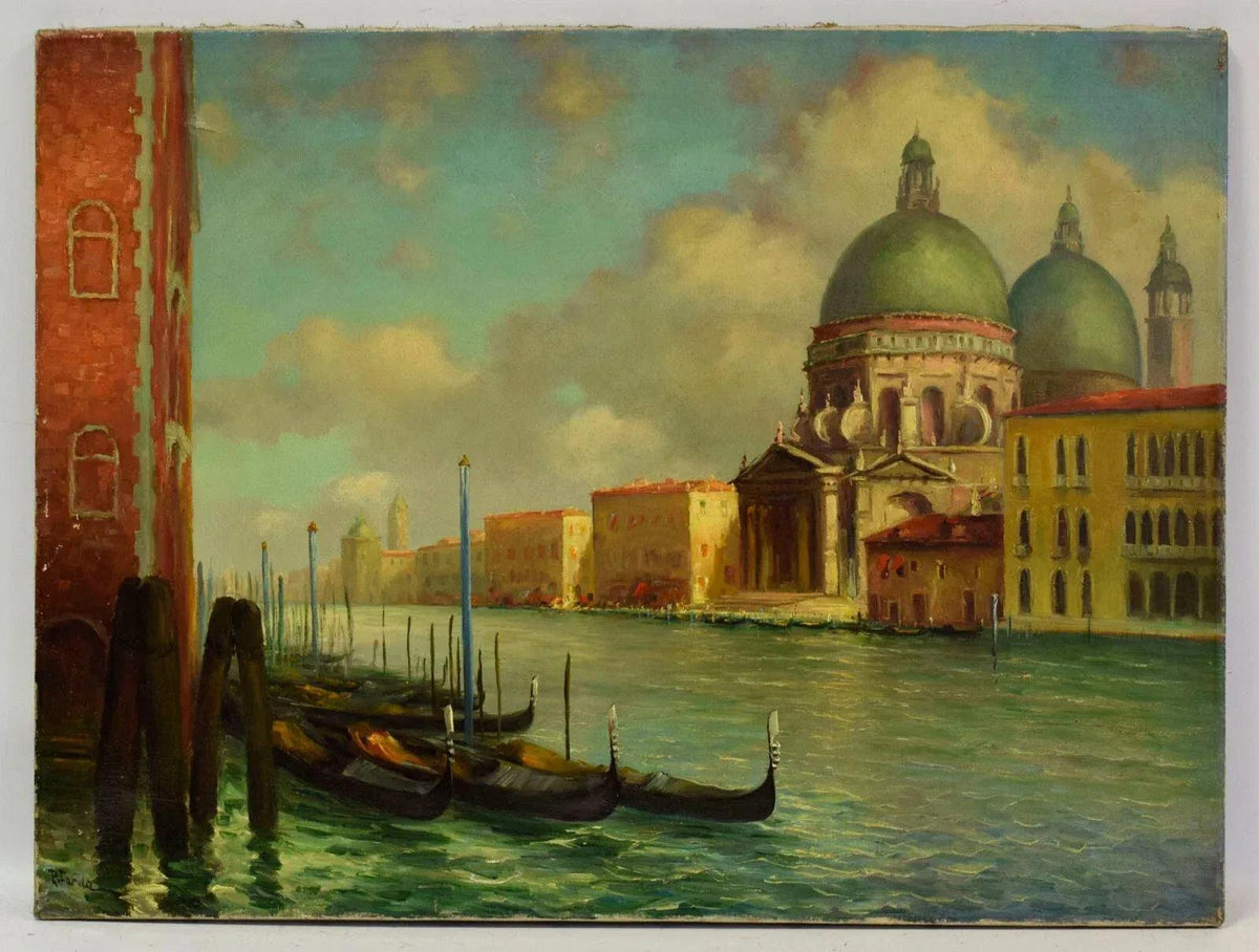 Vers 1950 Tableau ancien, Paysage de Venise ensoleillée, huile, signé 80,5x61 cm - Kikooyou Art Gallery