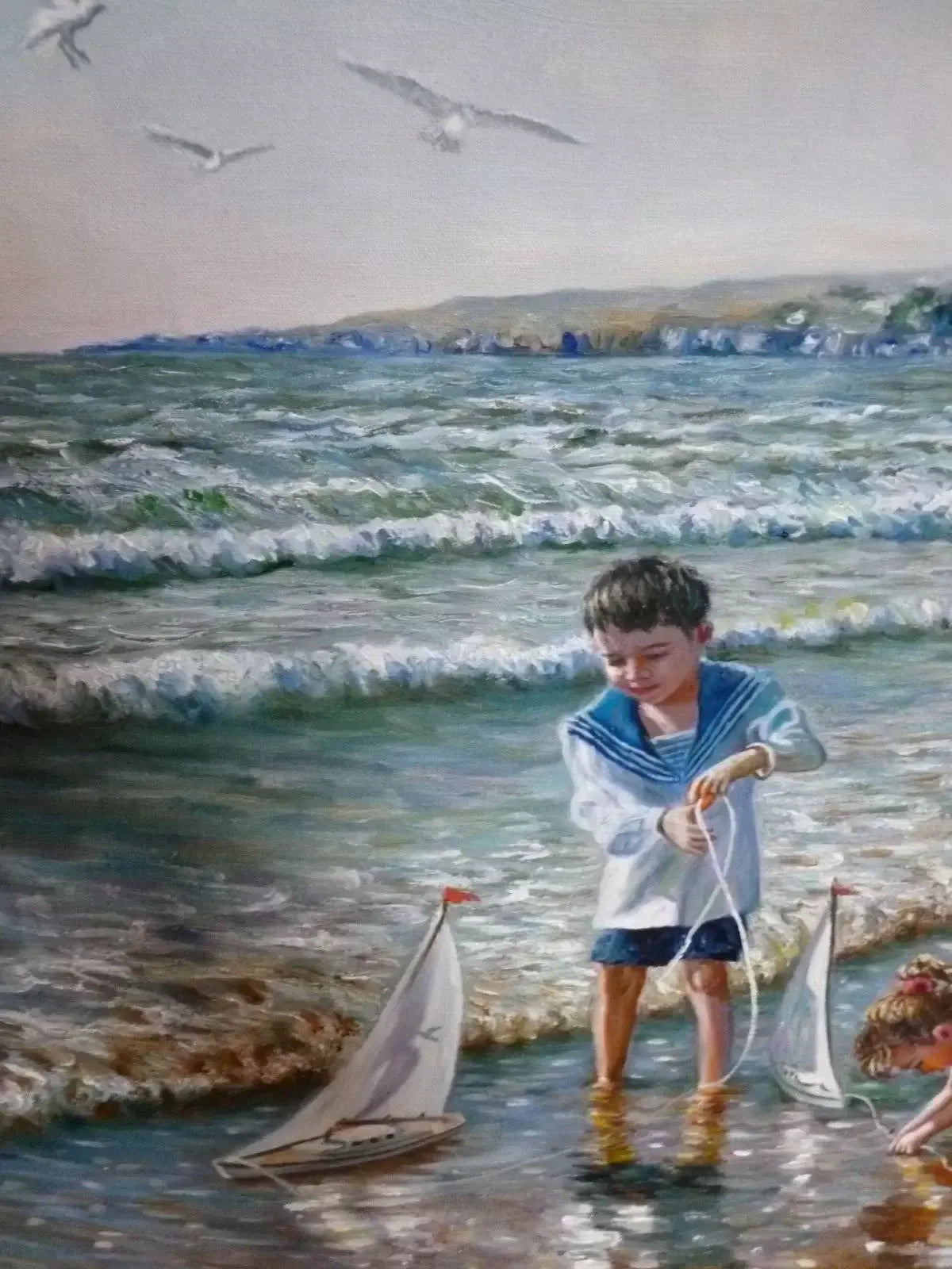 art-decoration-tableau-peinture-huile-toile-scene-vie-enfants-plage-chien - Kikooyou Art Gallery