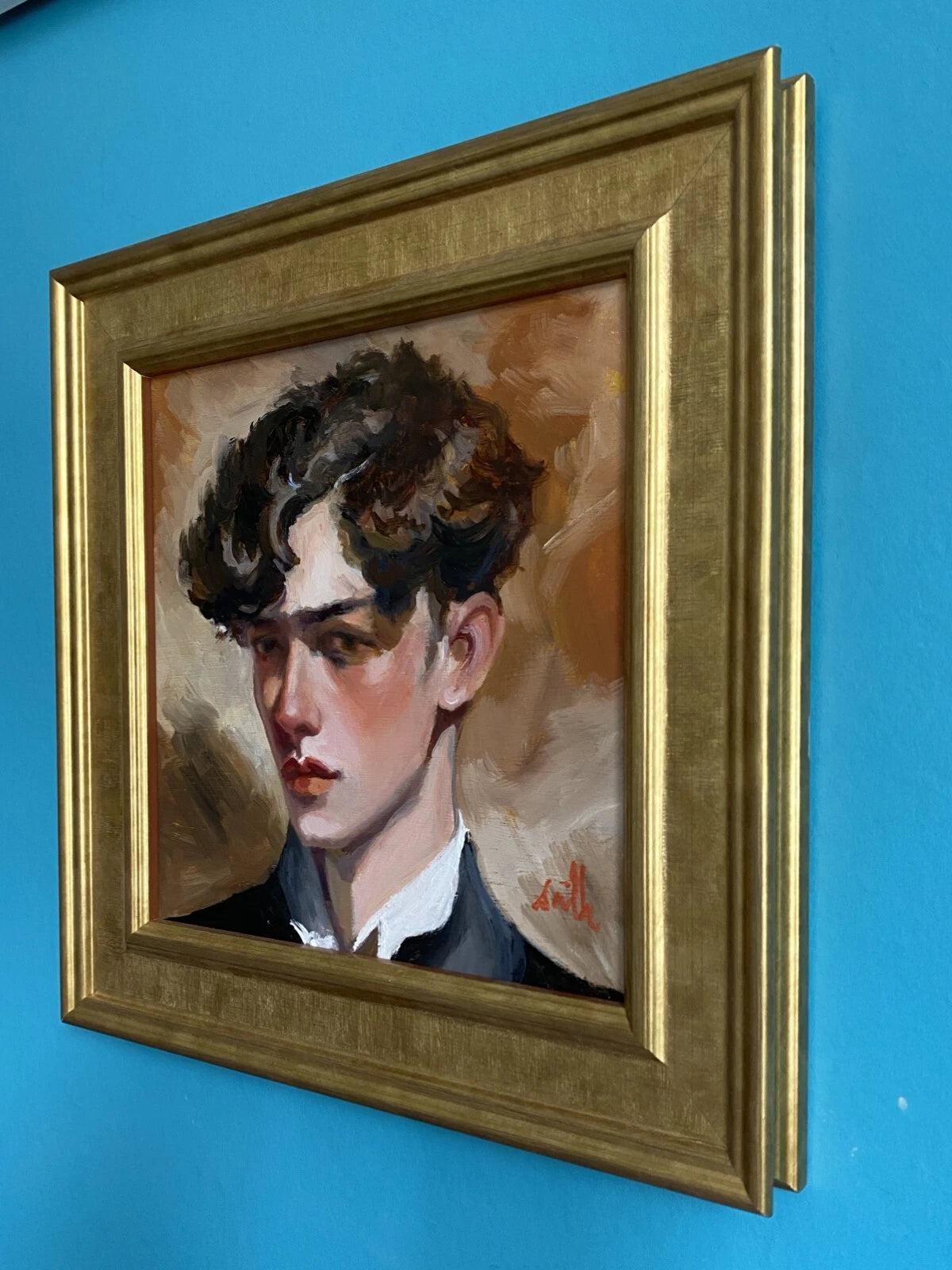 Tableau huile original style édouardien portrait jeune homme. Encadré prêt à accrocher