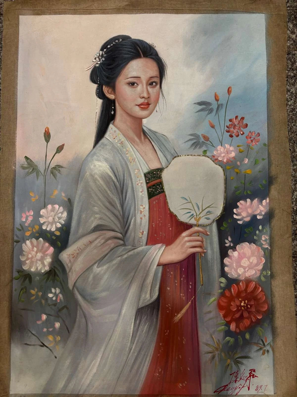 portrait-femme-Peinture à l'huile sur toile "Beauté classique" -éventail-peinte à la main chinoise par Chen Yifei