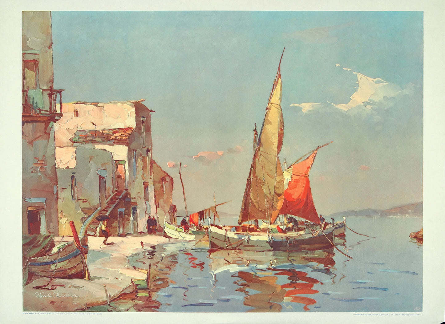 art-decoration-peinture-huile-toile-paysage-marin-bateau-peche-voiles-Naples