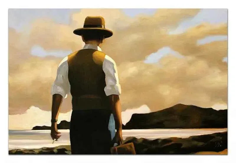 art-scene-vie-voyageur-homme-chapeau-valise-peinture-huile sur toile - Kikooyou Art Gallery