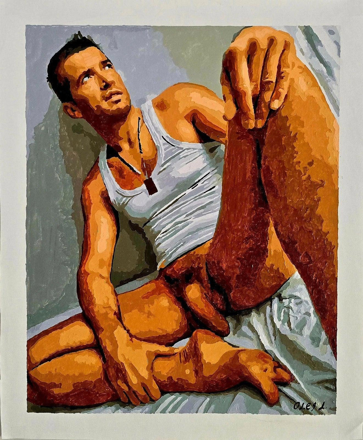 art-decoration-tableau-peinture-huile-toile-portrait-homme-nu-male-tbm-intégrale-MAN IN A TANK TOP - Kikooyou Art Gallery