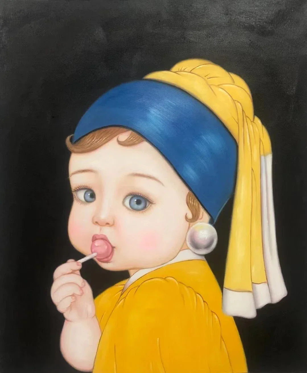 art-decoration-tableau-peinture-huile-toile-portrait-fille-gros-yeux-sucette - Kikooyou Art Gallery