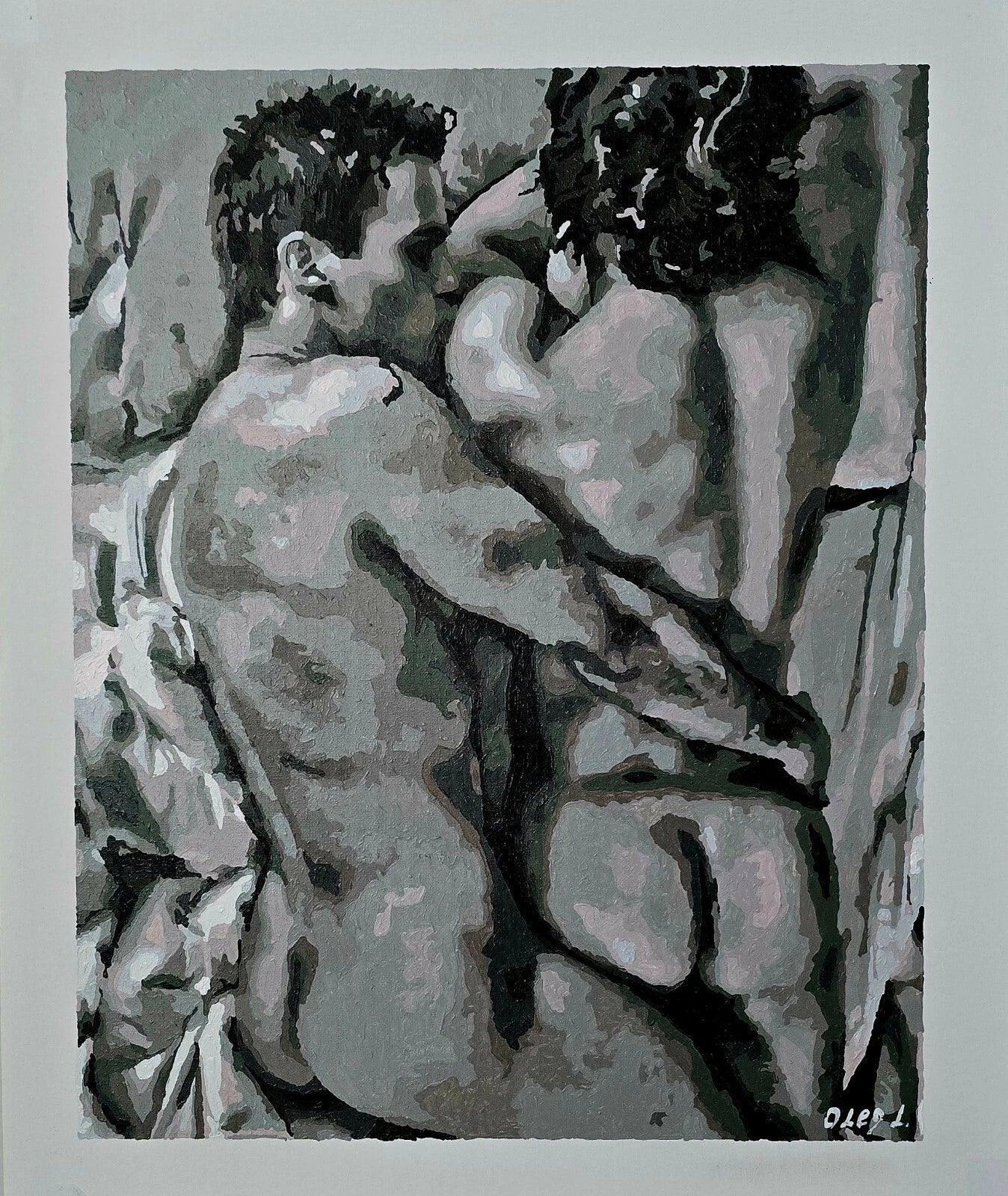 art-decoration-tableau-peinture-huile-toile-erotique-hommes-nus-touche tendresse - Kikooyou Art Gallery