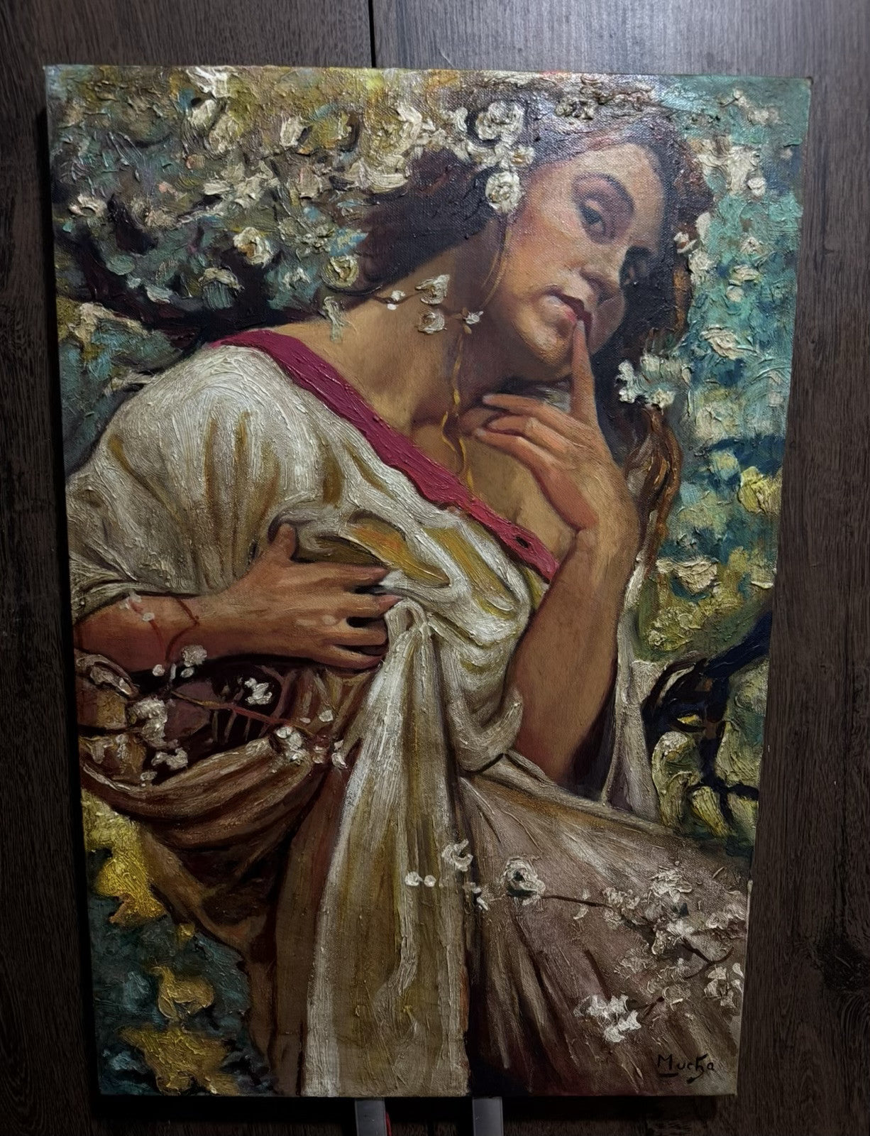 art-decoration-tableau-peinture-huile-toile-art nouveau-portrait-feminin-femme-fleurs-d'après Mucha