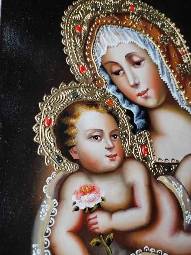 Sainte Vierge Marie et l'enfant Jésus, Peinture à l'huile originale, Peinture Cuzco, Peinte à la main, Icône