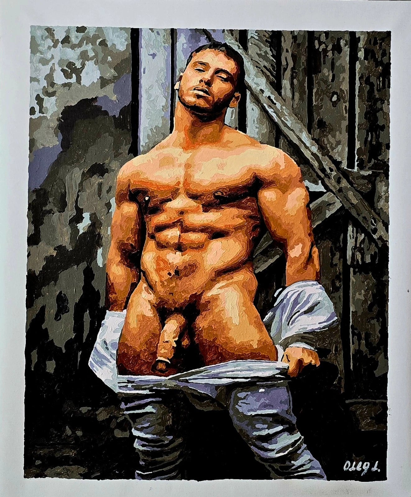 art-decoration-tableau-peinture-huile-toile-portrait-homme-nu-male-tbm-intégrale-LA PORTE DE LA GRANGE