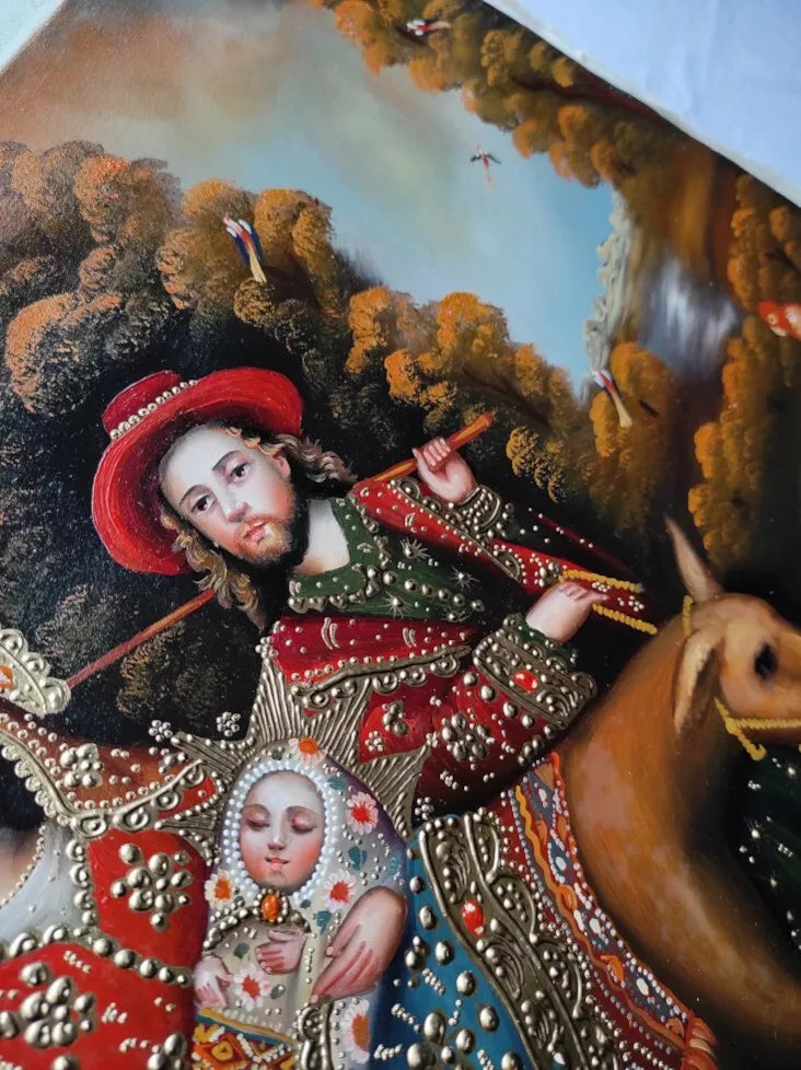 La fuite en Egypte, peinture à l'huile originale, peinte à la main, peinture Cuzco