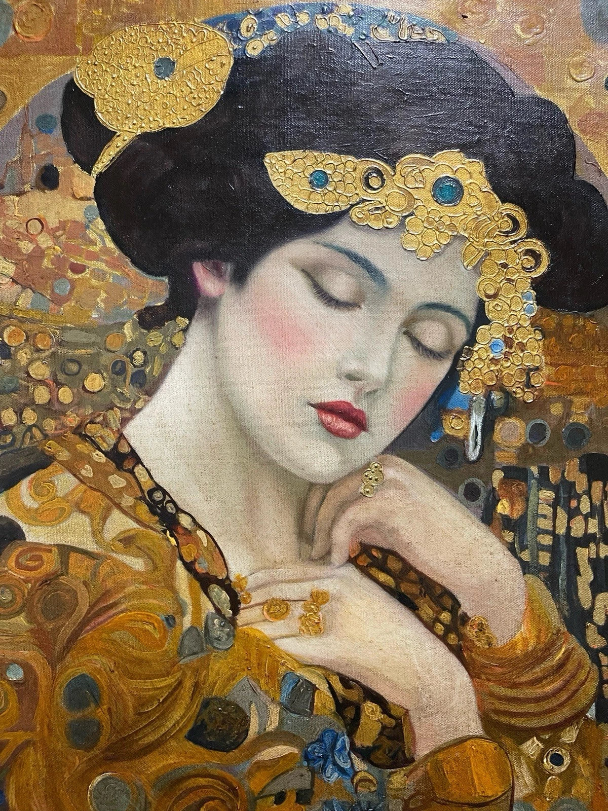 art-decoration-tableau-peinture-huile-toile-portrait-feminin-femme-diademe-à la manière de Klimt