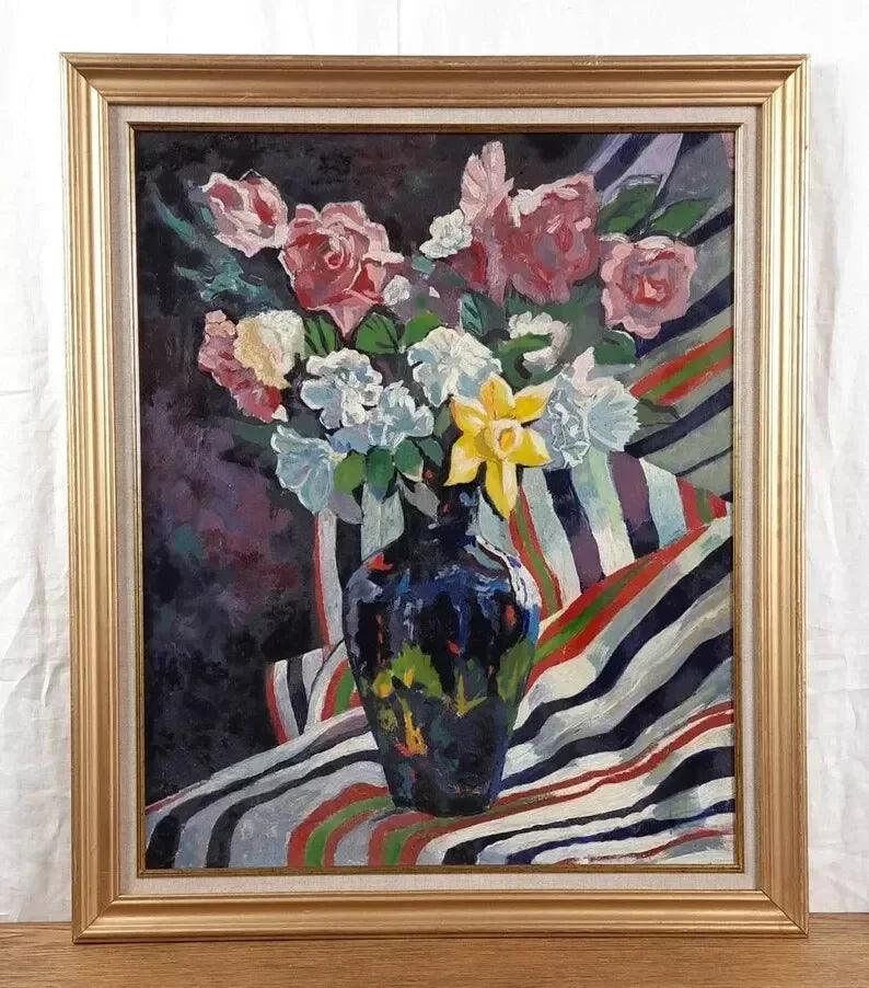 art-nature-morte-floral-fleurs-vase-peinture huile panneau - Kikooyou Art Gallery
