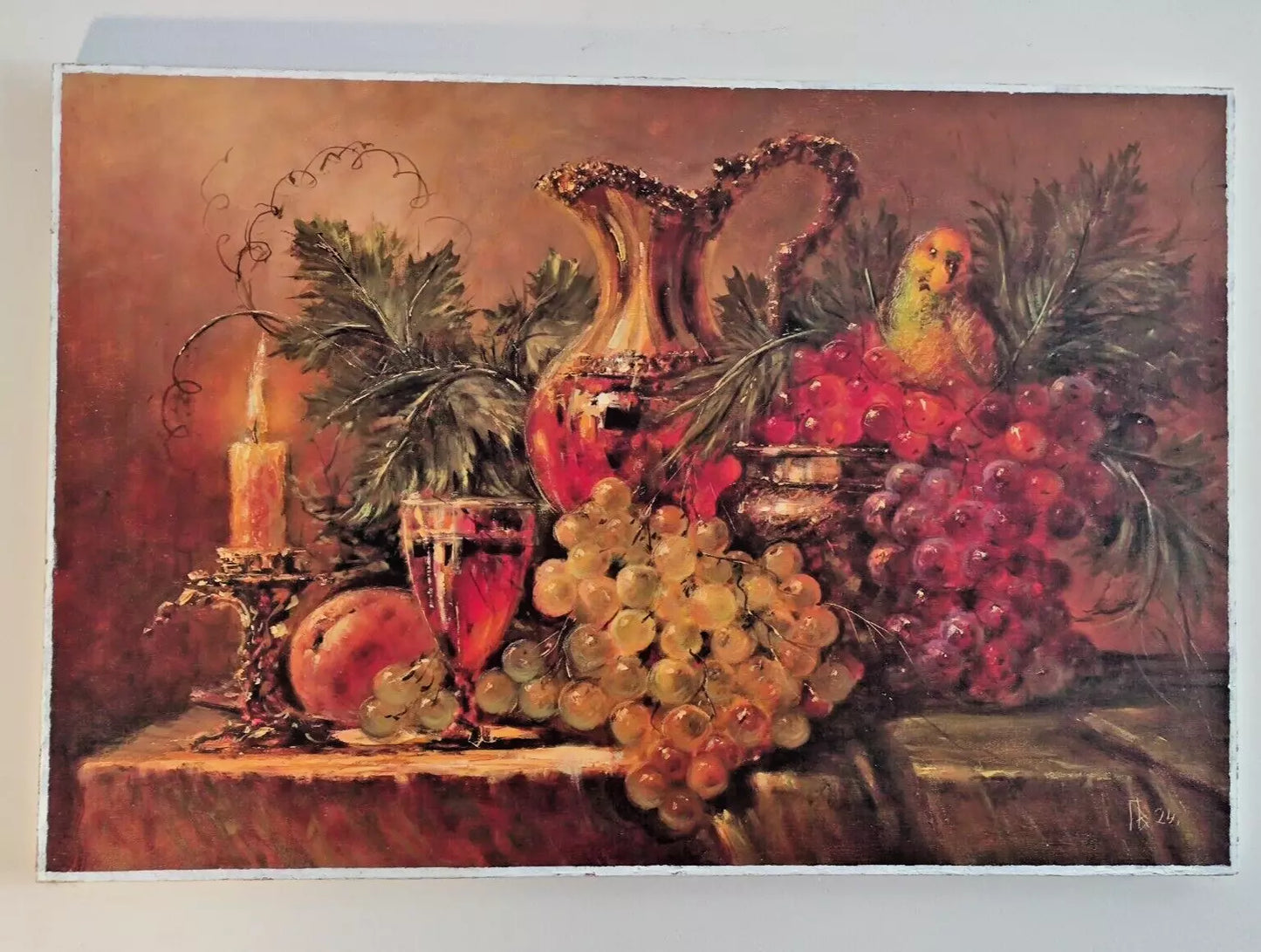 art-decoration-tableau-peinture-huile-toile-nature-morte-fruits-raisin-perruche