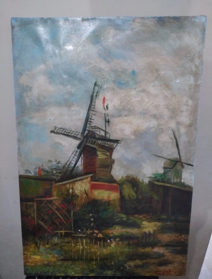 art-decoration-tableau-peinture-huile-toile-paysage-campagne-moulin-vent-d'après Van Gogh