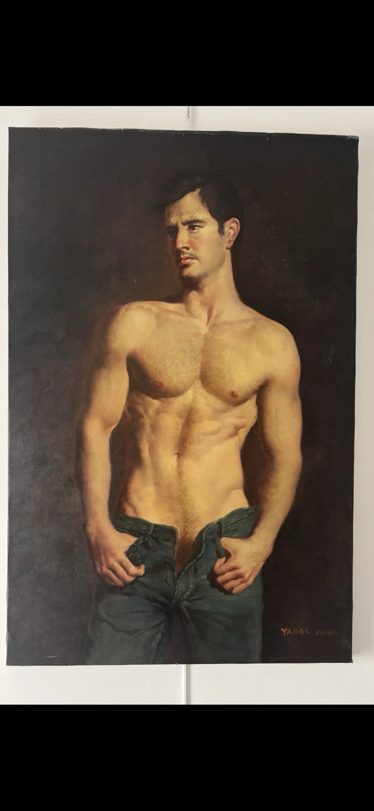 art-decoration-tableau-peinture-huile-toile-portrait-male-masculin-homme-nu-denim-jean's