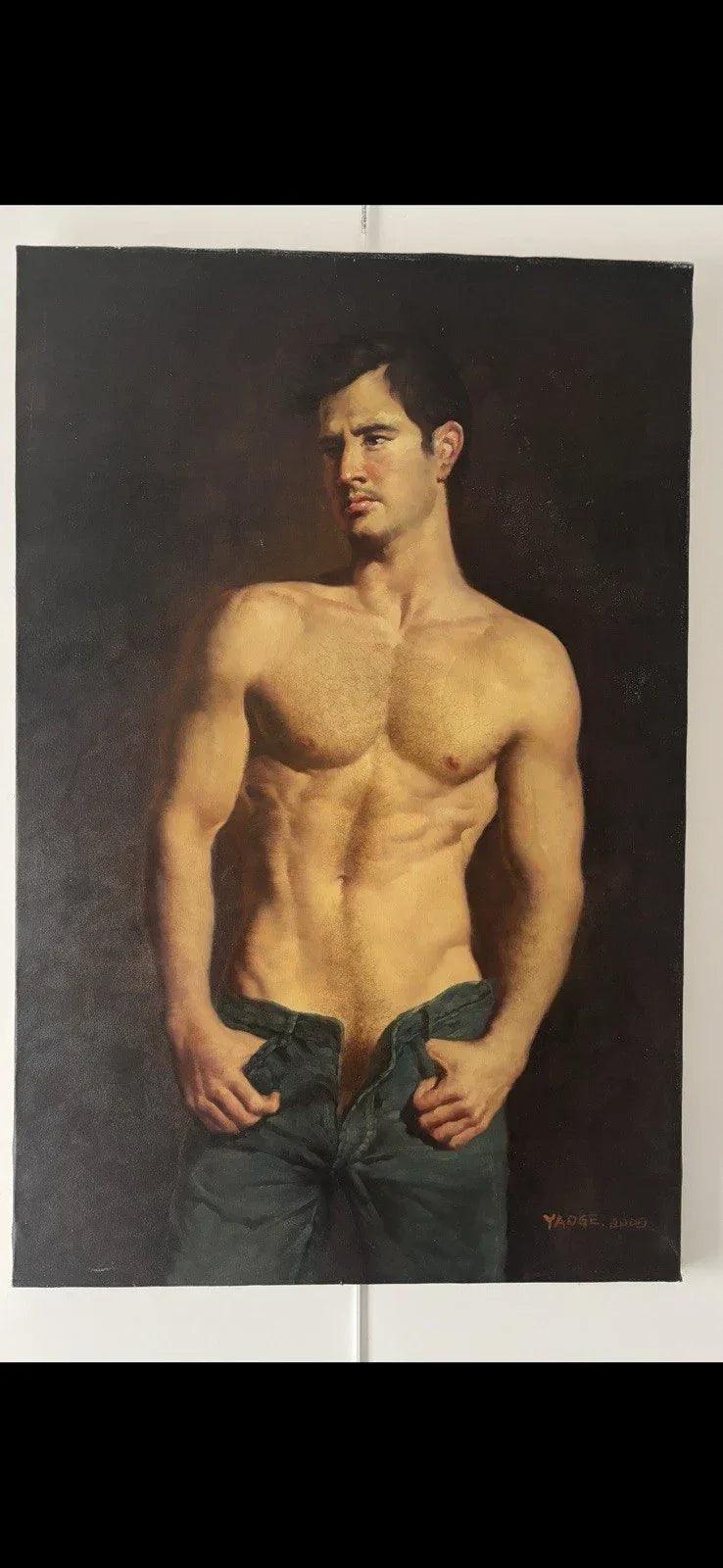 art-decoration-tableau-peinture-huile-toile-portrait-male-masculin-homme-nu-denim-jean's - Kikooyou Art Gallery