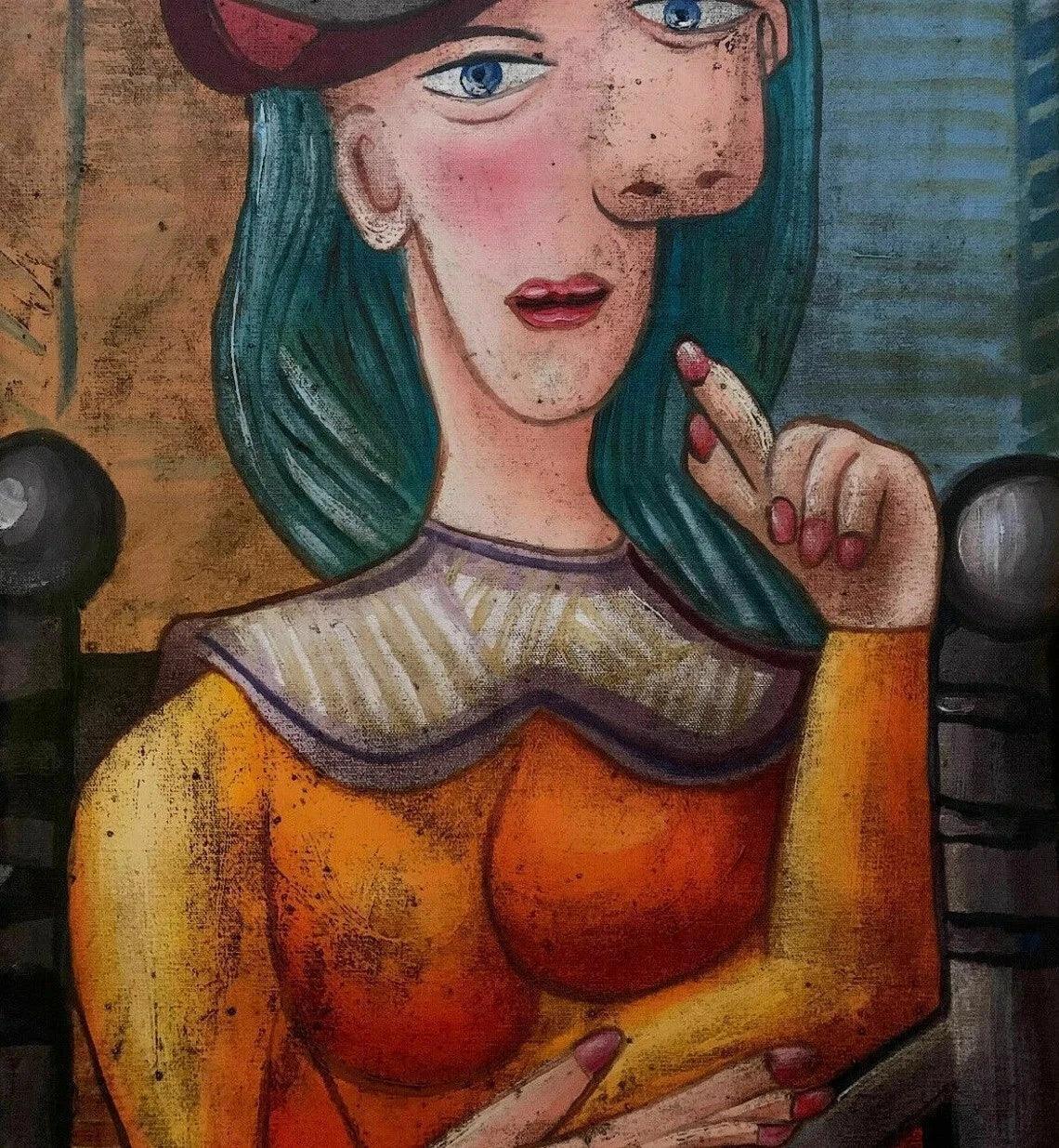 art-decoration-tableau-peinture-huile-toile-portrait-feminin-femme-chapeau-rose - Kikooyou Art Gallery