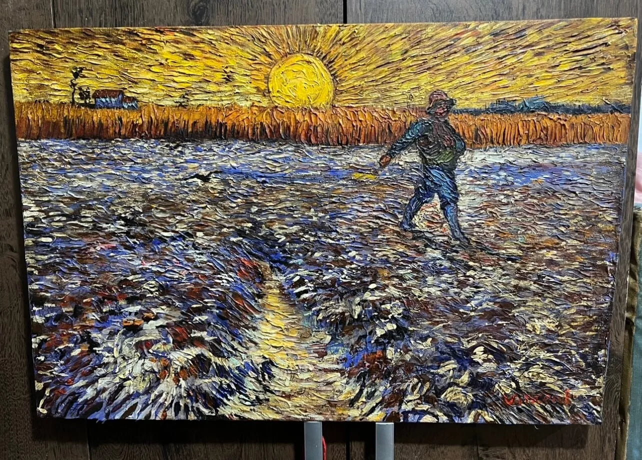 art-decoration-tableau-peinture-huile-toile-scene-campagne-semeur-champ-soleil-d'apres Van Gogh